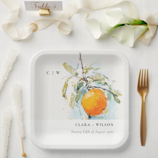 ボホ抽象芸術スケッチオレンジ庭園の結婚式 ペーパープレート (ウェディング)