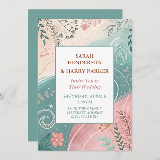 ボホ抽象芸術ティール(緑がかった色)結婚フローラ 招待状 (正面/裏面)