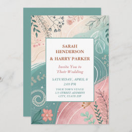 ボホ抽象芸術ティール（緑がかった色）結婚フローラ 招待状