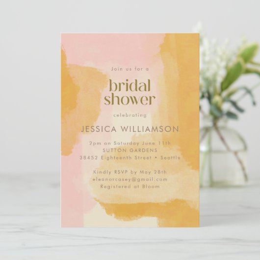 ボホ抽象芸術水彩ピンクイエローブライダルシャワー 招待状 (スタンド正面)
