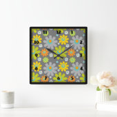 ボホ数々のカラーデイジーオングレー スクエア壁時計 (ホーム)