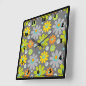 ボホ数々のカラーデイジーオングレー スクエア壁時計 (傾斜)