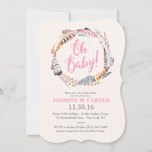 ボホ族の羽の水彩|ベビーシャワー 招待状 (正面)