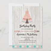 ボホ族素朴のピンク·ティーピー誕生パーティー 招待状 (正面)