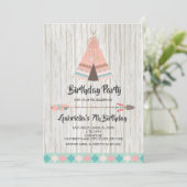 ボホ族素朴のピンク·ティーピー誕生パーティー 招待状 (スタンド正面)