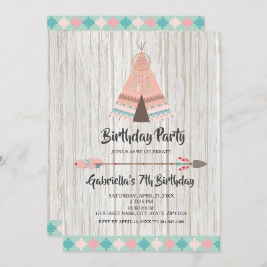 ボホ族素朴のピンク·ティーピー誕生パーティー 招待状 (正面/裏面)
