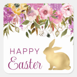 ボホ春の花ズ&金ゴールドブンニーズハッピーイースター スクエアシール