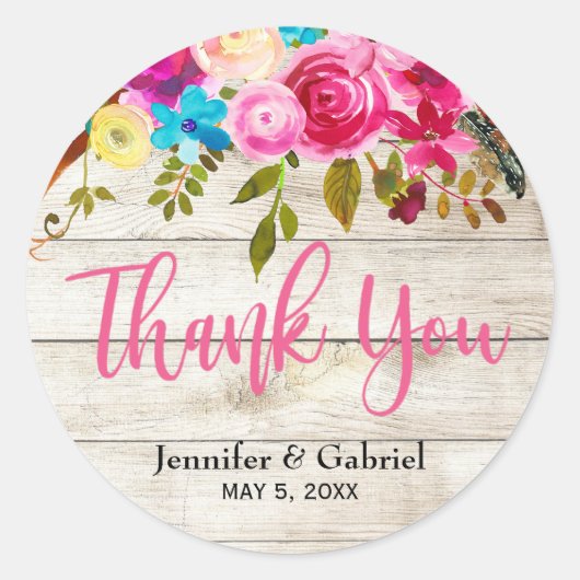 ボホ春ピンクウッドフローラサンキュー結婚ズ ラウンドシール (正面)