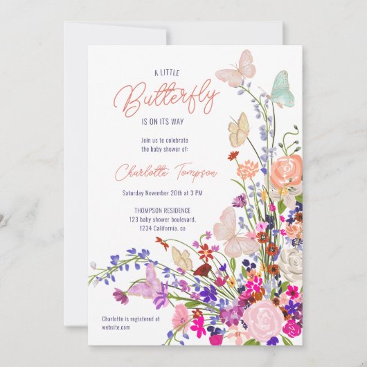 ボホ春ワイルドフラワーかわいい蝶の赤ちゃんシャワー 招待状 (正面)