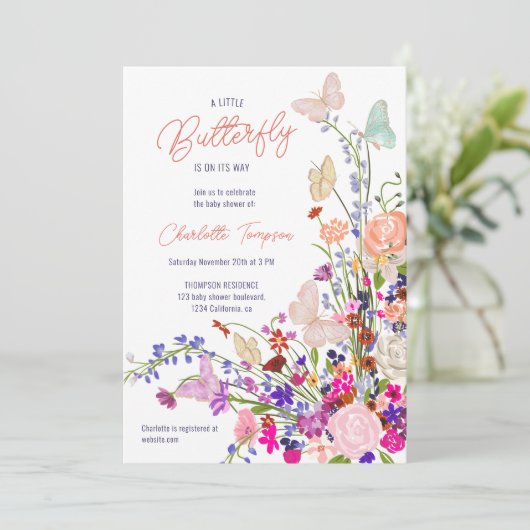 ボホ春ワイルドフラワーかわいい蝶の赤ちゃんシャワー 招待状 (スタンド正面)