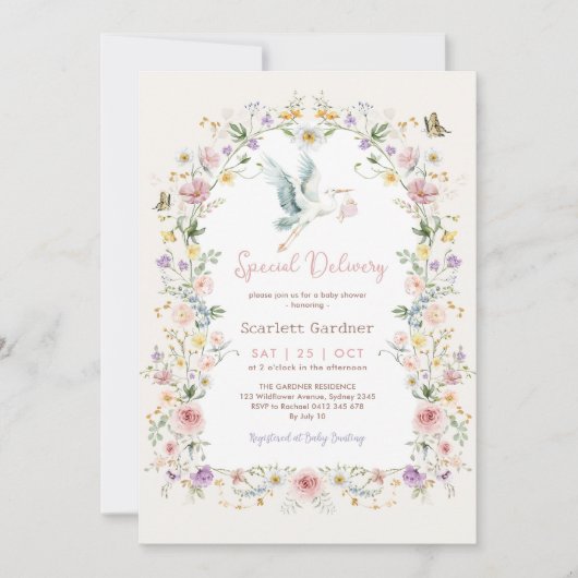 ボホ春ワイルドフラワーストークガールベイビーシャワー 招待状 (正面)