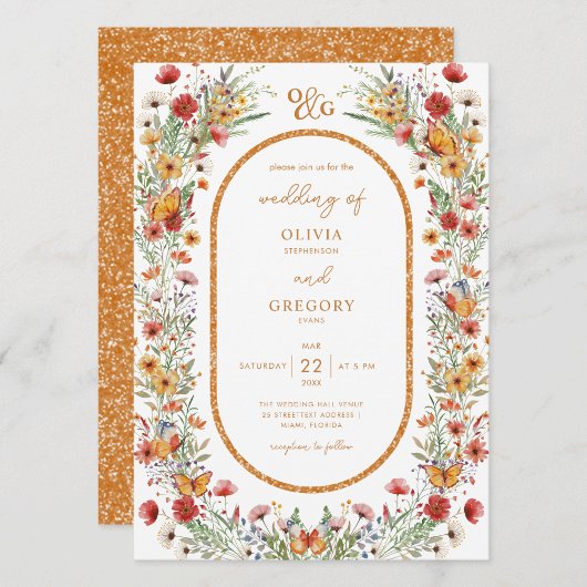 ボホ春水彩野草花金ゴールド結婚ズ 招待状