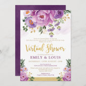 ボホ植物紫フローラバーチャルベビーシャワー 招待状 (正面/裏面)