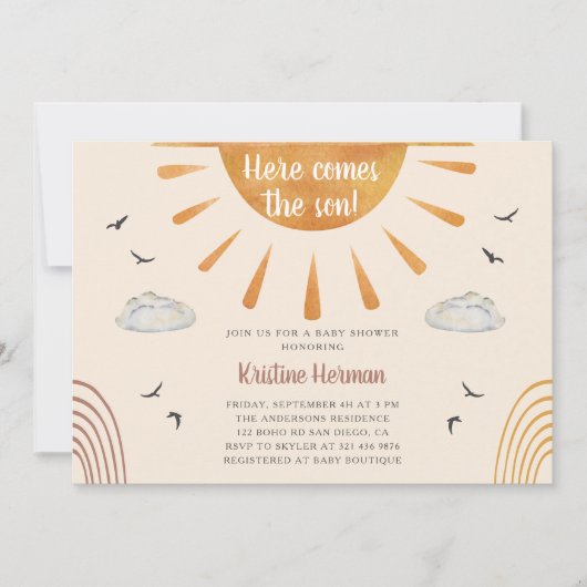 ボホ水の色来ここの息子の赤ちゃんシャワー 招待状 (正面)