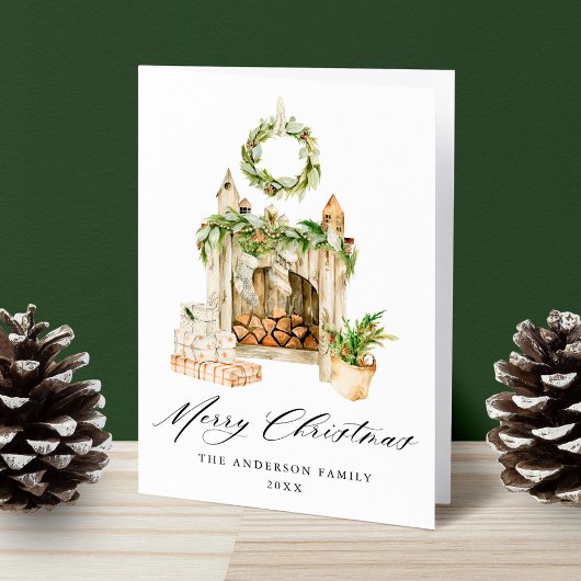 ボホ水彩暖炉と緑の無写真 シーズンカード