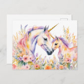 ボホ水彩柔らかいユニコーンと花のベビー ポストカード (正面/裏面)