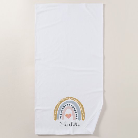 ボホ水彩虹ボパーソナライズされたタン ビーチタオル (正面)