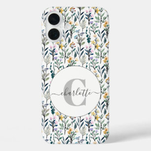 ボホ水彩野草模様モノグラム名 iPhone 16 PLUSケース