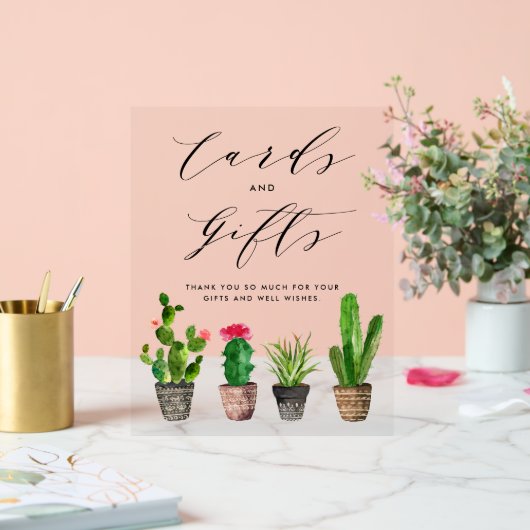 ボホ水彩鉢植えサボテンのカードとギフト アクリルサイン (ウェディング)