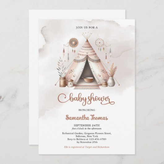 ボホ水色のテント男女兼用アイボリー錆 招待状 (正面/裏面)