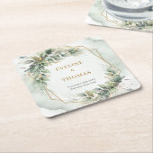 ボホ水色グリーンユーカリと金ゴールド結婚ズ スクエアペーパーコースター (アングル)