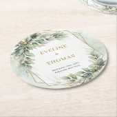 ボホ水色グリーンユーカリと金ゴールド結婚ズ ラウンドペーパーコースター (アングル)