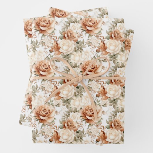 ボホ水色セージ緑とテラコッタバラ ラッピングペーパーシート (インサイチュ)