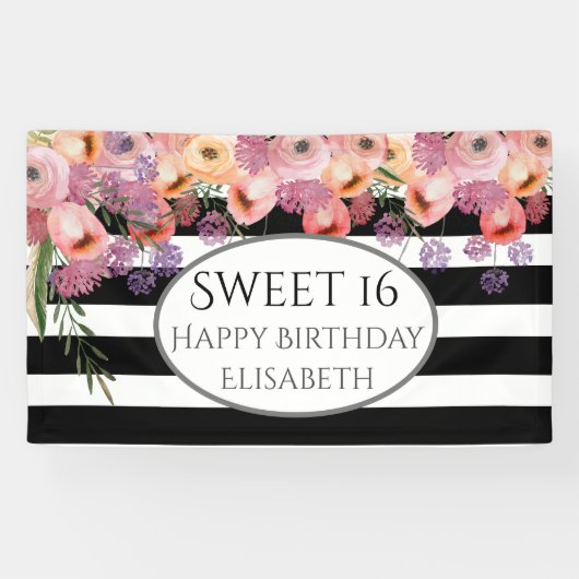 ボホ水色フローラストライプ甘い16パーティー 横断幕 (横)