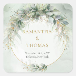 ボホ水色ユーカリ金ゴールド枠シール スクエアシール