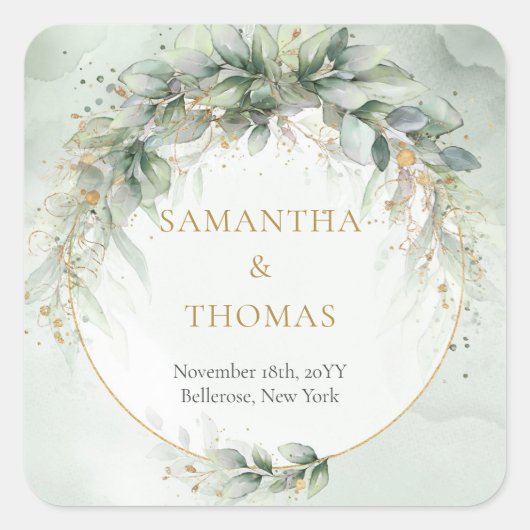 ボホ水色ユーカリ金ゴールド枠シール スクエアシール (正面)