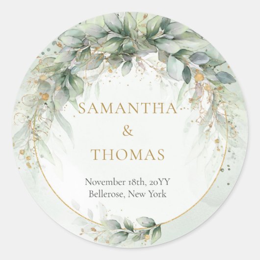 ボホ水色ユーカリ金ゴールド枠シール ラウンドシール (正面)