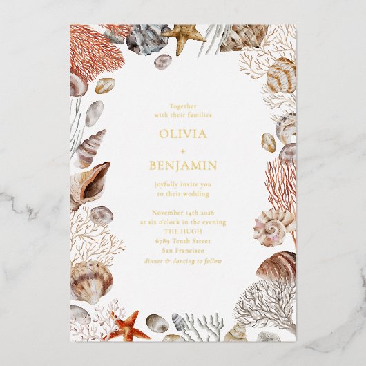 ボホ海シーシェルズコーラルビーチユニーク結婚ズ 箔招待状 (正面)