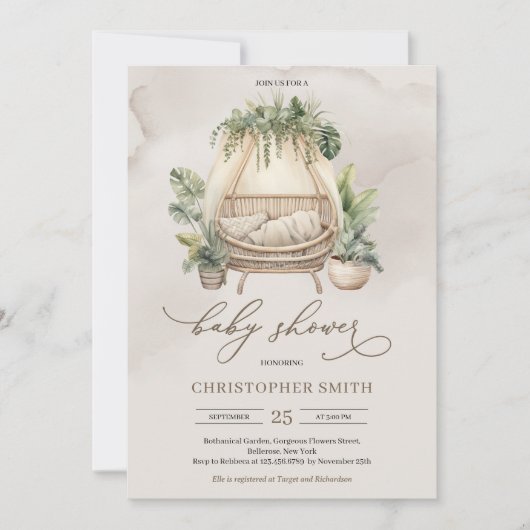 ボホ熱帯の緑とベージュのベビーのクリブ 招待状 (正面)