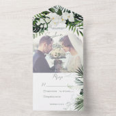 ボホ熱帯緑モダン白写真撮カスタム影 オールインワン招待状 (内側)