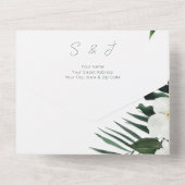 ボホ熱帯緑モダン白写真撮カスタム影 オールインワン招待状 (裏面)