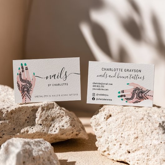 ボホ爪、 ネイルグリーンヘンナタトゥーイラストレーション 名刺