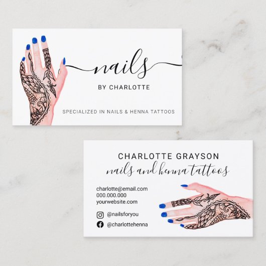 ボホ爪、 ネイルブルーヘナタトゥースイラストレーション 名刺 (正面/裏面)