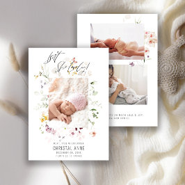 ボホ生まれたばかりのワイルドフラワーフォトコラージュガール誕生 案内状