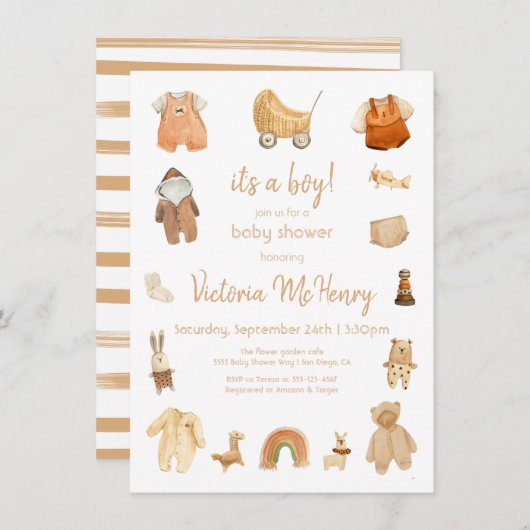 ボホ男の赤ちゃん服&トイベビーシャワー 招待状 (正面/裏面)