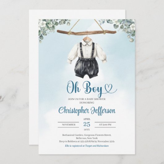 ボホ男の赤ちゃん物干しベビーシャワー招待状 招待状 (正面/裏面)