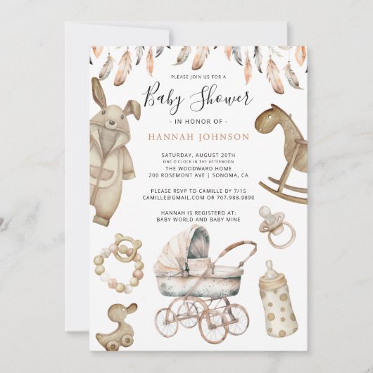 ボホ男女兼用ベビーおもちゃ赤ちゃんシャワー 招待状 (正面)