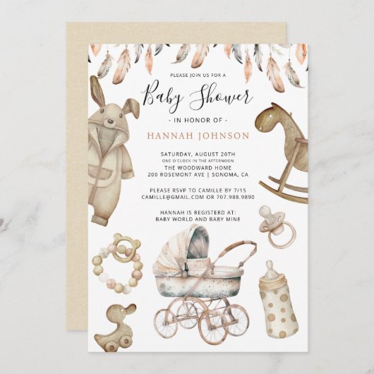 ボホ男女兼用ベビーおもちゃ赤ちゃんシャワー 招待状 (正面/裏面)