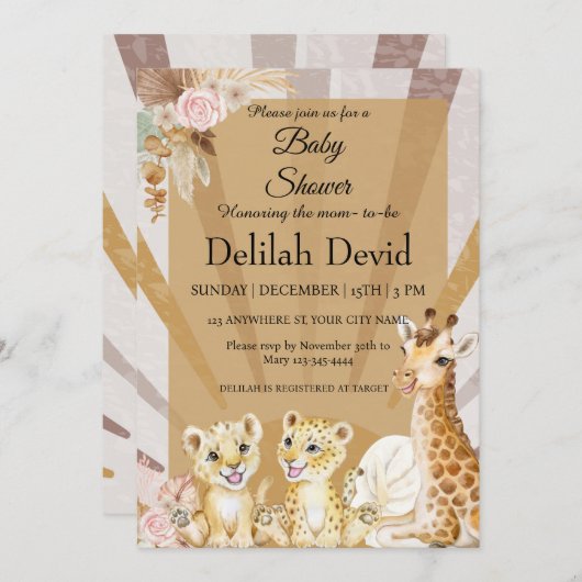 ボホ男女兼用ー動物の赤ちゃんシャワー 招待状 (正面/裏面)