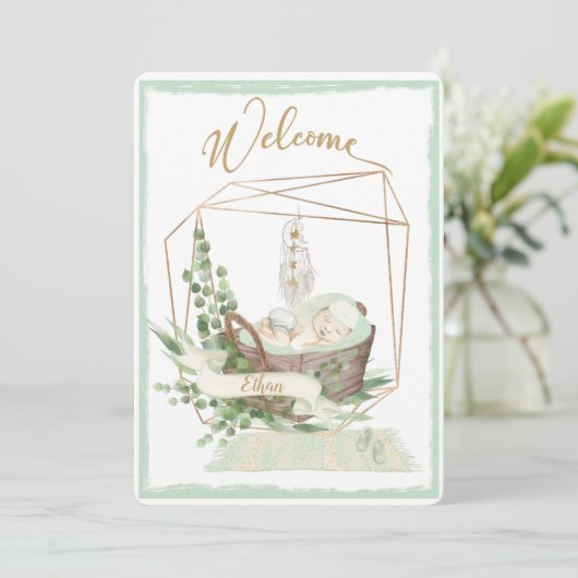 ボホ男女兼用水彩赤ちゃんシャワー 招待状 (スタンド正面)