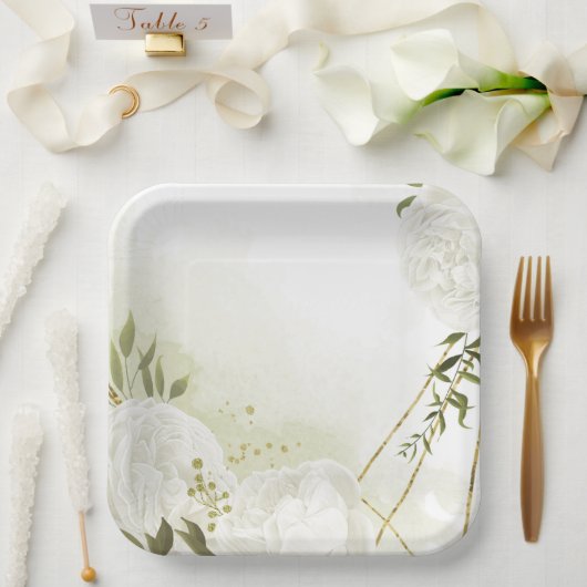 ボホ白い花の緑の葉植物植物 ペーパープレート (ウェディング)