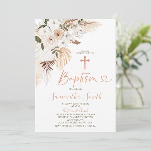 ボホ白エレガント花《キリスト教》洗礼式や命名式バプテスマ 招待状 (スタンド正面)