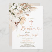 ボホ白エレガント花《キリスト教》洗礼式や命名式バプテスマ 招待状 (正面/裏面)