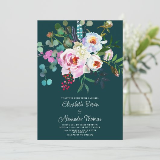ボホ白ピンクの森の緑の牡丹のフローラ結婚ズ 招待状 (スタンド正面)