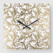 ボホ白金ゴールドフローラヴィンテージダマスク スクエア壁時計 (正面)