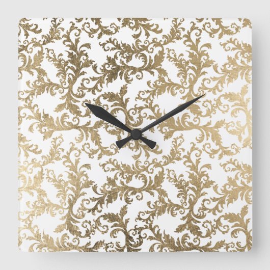 ボホ白金ゴールドフローラヴィンテージダマスク スクエア壁時計 (正面)